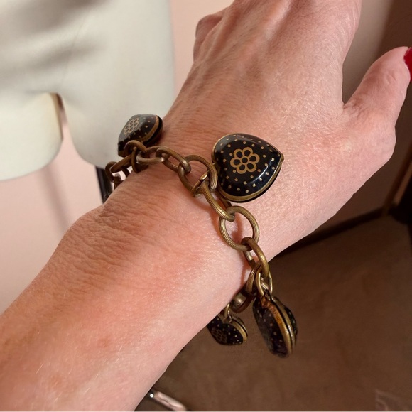 Antique Victorian revival art deco Brass Black enamel Heart Charm bracelet - Picture 6 of 17